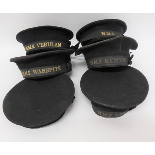 297 - Six WW2 Pattern Royal Navy Sailor's Hats
dark blue crown and body  All complete with cap tallie... 