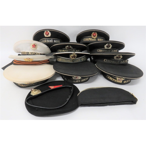 Quantity of Russian Navy Sailors' Hats
including 8 x black body and crown examples.  Anodised Navy badge and cap tally ... 3 x white crown with black body.  Anodised Navy badge and cap tally ... Black beret with anodised Navy cap badge ... Black Garrison cap with white piping and anodised Navy cap badge.  13 items.