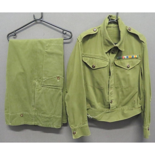 340 - 1944 Dated Denim Battledress Jacket And Trousers
green denim, single breasted, closed collar, short ... 