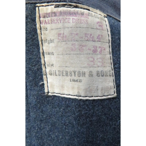 400 - WW2 War Service Battledress and Trousers
blue grey woollen, single breasted, closed collar, short ja... 