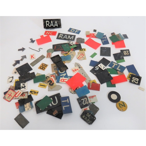 Good Selection of Aircraft Plotting Table Flight Markers
consisting celluloid and tin rectangles with letters, numbers and operational codes.  Quantity. 