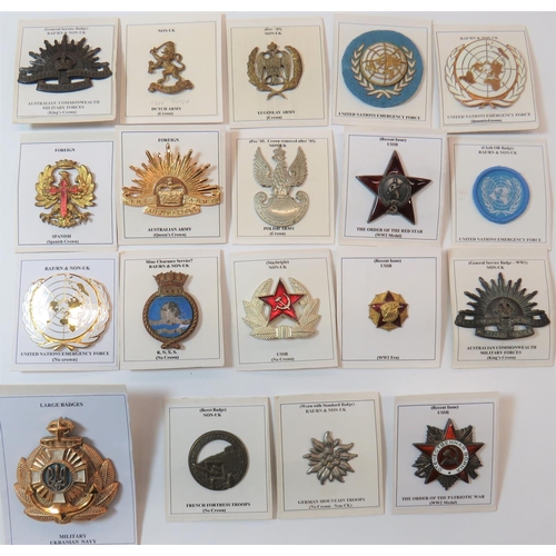 Selection of Various Cap and Breast Badges
cap include white metal Polish Army (no fittings) ... Brass Free Dutch ... Darkened KC Australian Commonwealth Military Forces ... Gilt QC The Australian Army ... Bullion embroidery UN ... Gilt and enamel UN ... Bi-metal Yugoslav Army (no fittings) ... Plated and enamel Order Of The Red Star breast badge ... Plated and enamel Order Of The Patriotic War breast badge.  19 items.