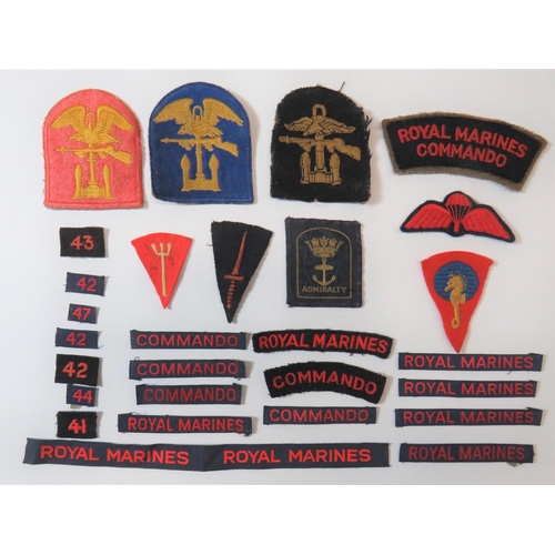Royal Marine Cloth Titles and Formation Badges
titles include embroidery Commando ... Embroidery Royal Marines ... Bevo weave Commando ... Bevo weave Royal Marines ... Embroidery numbers 41,42,43 ... Bevo weave numbers 42, 44, 47.  Formation include embroidery 116 Royal Marine Inf Brig ... Embroidery Royal Marines Training Centre ... Embroidery Combined Operations (Naval issue).  30 items.