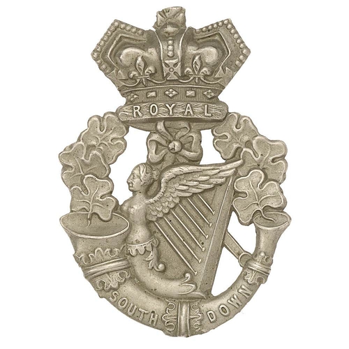 41 - Irish Royal South Down Militia glengarry badge circa 1874-81.  Good rare die-stamped white metal cro... 