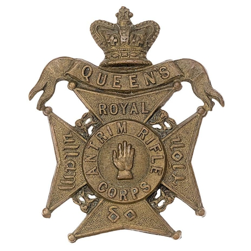 Antrim Militia (Queens Royal Rifles) glengarry badge circa 1874-81.  Good rare die-stamped blackened brass crown resting on QUEENS scroll over a  Maltese cross with lions between the angles. Top arm inscribed ROYAL, the other three in Gaelic, circlet ANTRIM RIFLE CORPS with Hand of Ulster to lined centre. Brass loops North and South. VGC        Raised in 1793 at Randalstown. Became 4th Battalion Royal Irish Rifles on Friday 1st July, 1881. Gordon Cummings Collection.
