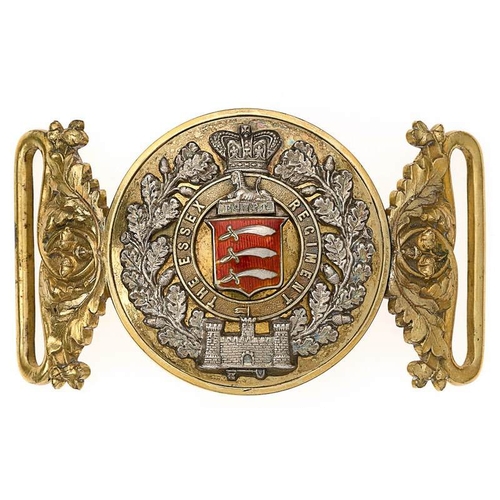 Essex Regiment Victorian Officer waist belt clasp circa 1881-1901.  Fine scarce silver, gilt and enamel example of special pattern with matching numbers to both halves. Mounted on a round burnished gilt plate, silver oak sprays enclosing a silver crowned gilt circlet inscribed THE ESSEX REGIMENT. To the centre, the Arms of Essex on a red translucent enamel lined ground surmounted by the Sphinx resting on a tablet inscribed EGYPT. To the junction of the oak wreath, the Castle and Key of Gibraltar. Oak leaf ends. VGC.