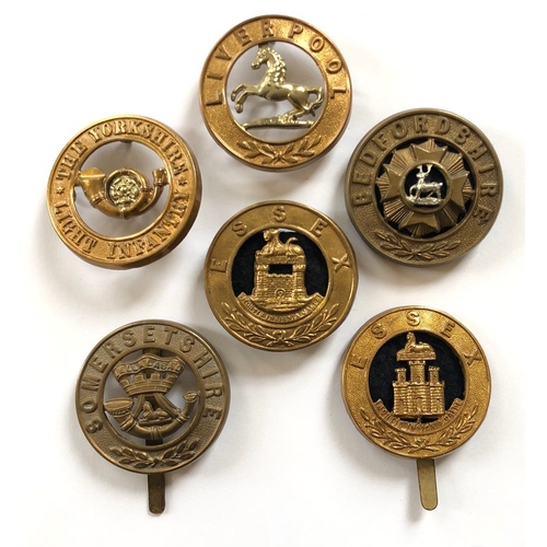 147 - 4 Helmet plate centres & 2 pagri badges.  The Yorkshire Light Infantry ... Liverpool ... Bedfordshir... 