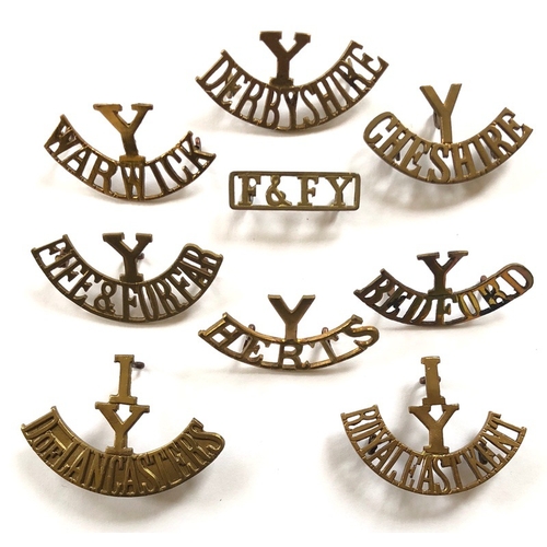 148 - 9 Brass Yeomanry Regiments Shoulder Titles Badges.  Representing: Warwickshire, Derbyshire, Cheshire... 