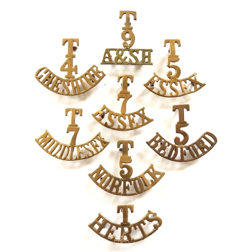 149 - 8 WW1 Territorial Brass T Regimental Shoulder Titles Badges.  T/9/A & SH ... T /4/ CHESHIRE ... T/5/... 