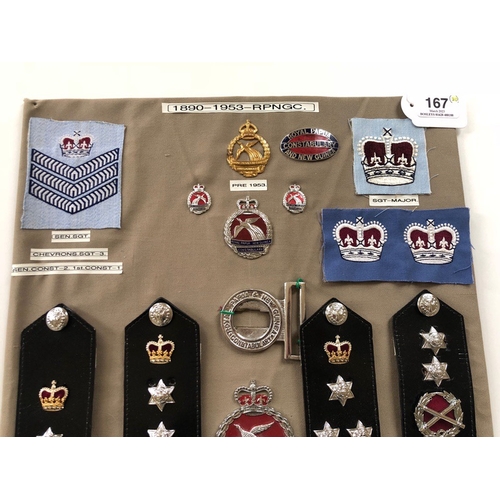 167 - Royal Papua and New Guinea Constabulary 20 items of police insignia.  Board with good display of met... 