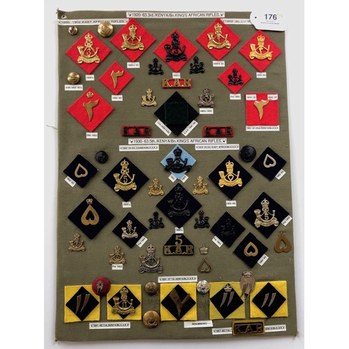 176 - 3rd and 5th Kenya Bns. Kings African Rifles 54 items of insignia.  Board with good display of metal ... 