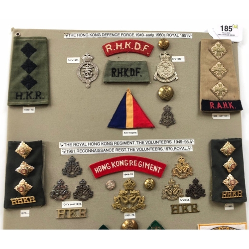 185 - Hong Kong Defence Force/Regiment 43 items of insignia.  Board with good display of metal and cloth b... 