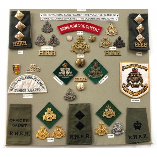 185 - Hong Kong Defence Force/Regiment 43 items of insignia.  Board with good display of metal and cloth b... 