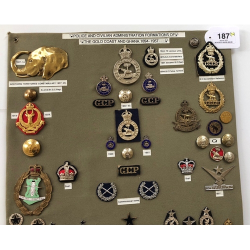 187 - Gold Coast / Ghana  Police etc. 56 items of insignia.  Board with good display of metal and cloth ba... 