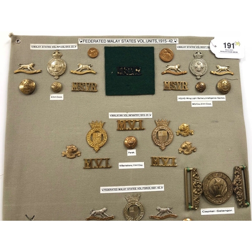 191 - Federated Malay States Volunteer Units 39 items of insignia.  Board with good display of metal and c... 