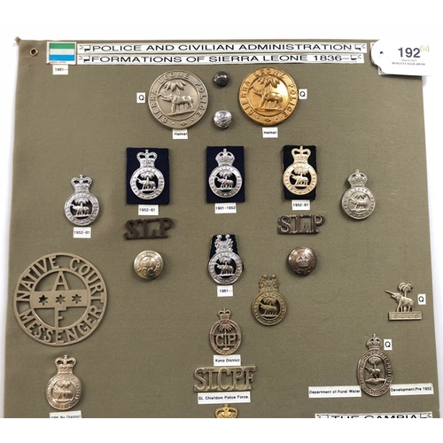 192 - Sierra Leone Police etc. 35 items of insignia.  Board with good display of metal and cloth badges an... 