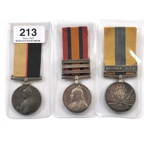 Rifle Brigade Defence of Ladysmith Victorian Campaign Group of Three Medals.  Awarded to 4121 PTE R. BAILEY RIFLE BRIGADE. Comprising: Queens Sudan Medal, 4121 PTE 2/ R. BDE,  Queens South Africa Medal, three clasps Defence of Ladysmith, Laings Nek, Belfast, 4121 PTE RIFLE BRIGADE,  Khedive Medal, clasp Khartoum (unnamed as issued). Medals loose.        Private Richard Baily from Yarmouth enlist on the 4th November 1895, he was posted to the Sudan in July 1898 and his records show he was present at the occupation of Crete. He arrived in South Africa on the 2nd October 1899, he returned to the UK in October 1901 and was discharged as unfit on the 20th April 1902