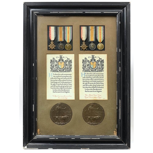 249 - WW1 Brothers Casualty Framed Medal Groups Royal Warwickshire, Ox & Bucks Regiments.  An emotive fram... 