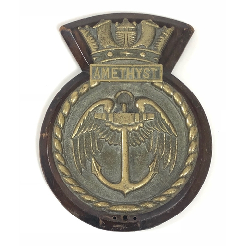 270 - HMS Amethyst Boats Badge / Tampion A rare heavy duty cast brass ships crest, mounted on a shaped woo... 