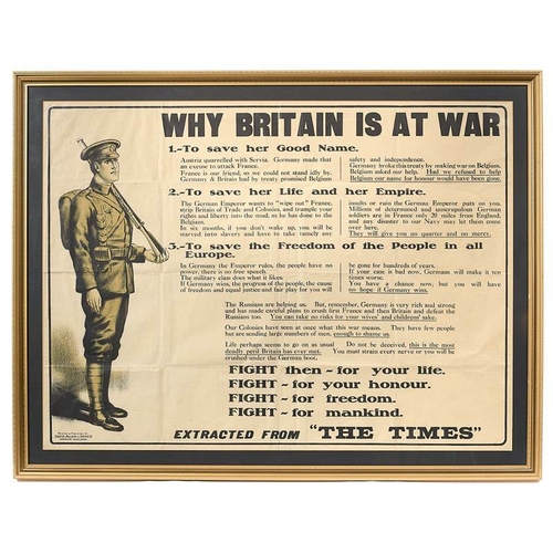 278 - WW1 Recruiting Poster WHY BRITAIN IS AT WAR.  This unusual large poster depicts a British Tommy in t... 