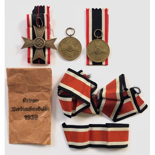 316 - German Third Reich 1939 War Merit Cross 2nd Class and two Medals.  Fine die-cast bronze example with... 