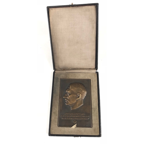 401 - German Third Reich Adolf Hitler cased non-portable award presentation bronze plaque. A good scarce e... 