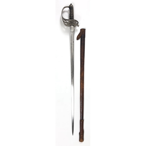 Indian Army  Rifle Regiment Officers Sword.  Modelled on the regulation Light Infantry pattern sword, this example with etched blade decorated with a GRI crowned cypher and Light Infantry crowned bugle device. This device repeated to the open bar guard. Housed in leather scabbard. Overall age wear to the scabbard and plating of the hilt, blade clean.