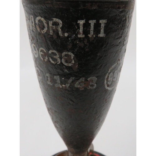 135 - WW2 Inert 3 Inch Mortar Shell
blackened conical steel body with various stamps.  Stencilled dat... 