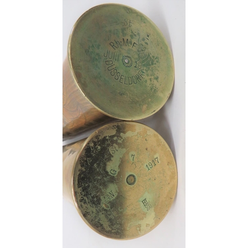 140 - Two WW1 Dated Inert German Shells 
brass cases.  The bases dated 1915 and 1917.  Both with engraved ... 