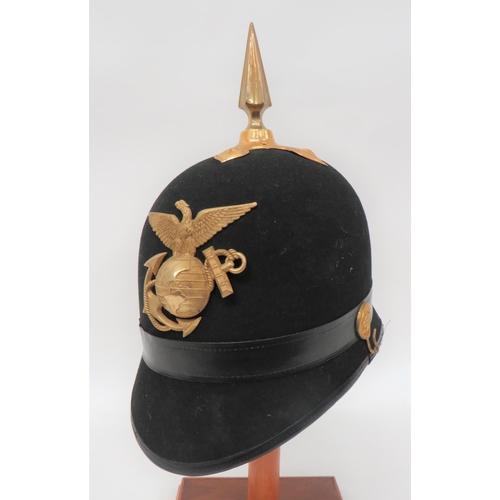 185 - American M1881 USMC Helmet
black felt, single panel crown with rounded peak and rear brim.  Leather ... 