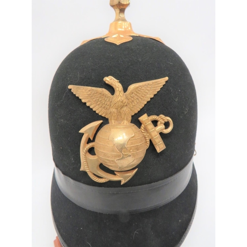 185 - American M1881 USMC Helmet
black felt, single panel crown with rounded peak and rear brim.  Leather ... 