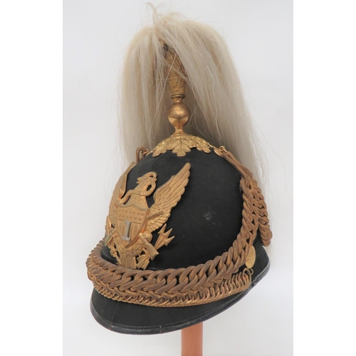 American 1st Infantry Field Officer's Helmet C1881-1902
black felt, four panel crown.  Rounded peak and rear brim.  Leather edging.  Gilt oak leaf crown mount.  Gilt eagle decorated plume mount.  White horsehair plume.  Gilt cord side swags.   Gilt Infantry side mounts supporting the gilt chain chinstrap.  Gilt eagle helmet plate with central plated numeral 1.  Fine leather sweatband.  