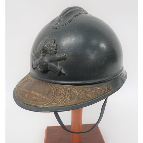 197 - WW1 Period French Artillery Helmet
blue grey painted crown with top attached comb.  Lower, two ... 