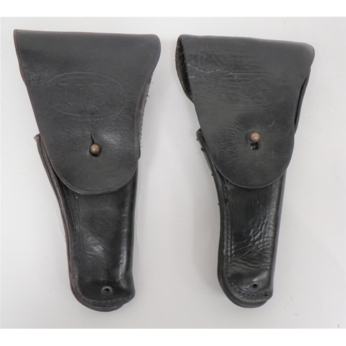 Two American Colt Automatic Pistol Holsters
black leather holsters.  Top flap stamped US.  Flap secured by a brass stud.  Rear wire belt hooks.  Maker stamps.  Together with a 1918 dated, eleven pouch grenade bandolier.  Clean condition.  3 items.