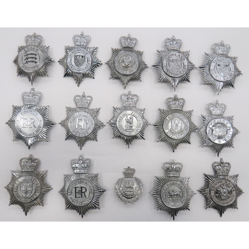 27 - 15 Post 1953 Police Constabulary Helmet Plates
plated Queens crown examples including Surrey Constab... 