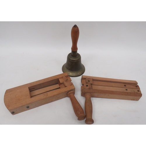 Two ARP Rattles And A Handbell
consisting 2 x wooden hand rattles.  One dated 1938, the other 1939.  Together with a brass handbell with wooden handle.  Bell marked ARP, dated 39.  3 items.