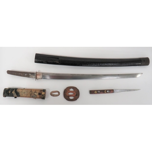 365 - Japanese Wakizashi Short Sword With Signed Kozuka
17 1/4 inch, single edged blade of typical form. &... 