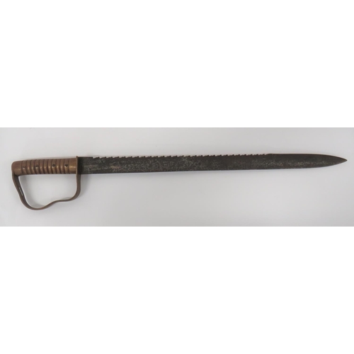 British 1856 Pattern Pioneer's Short Sword
22 1/4 inch, single edged blade with back edge sharpened point.  Rear with sawback edge.  Forte with maker "Wilkinson London".  Brass stirrup knuckle bow, quillon absent.  Brass ribbed slab grip. 