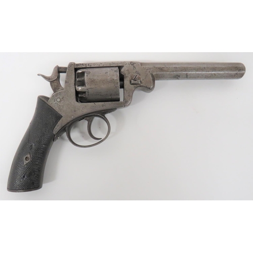 Mid 19th Century Adams Style Percussion Revolver
6 inch, 54 bore, octagonal barrel, solid frame revolver.  Five shot, plain percussion cylinder.  Action with traces of patent details.  Steel trigger guard and grip frame.  Checkered wooden slab grips.  Action at fault.  Some pitting.  