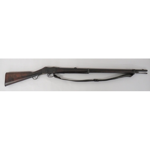 Obsolete Calibre 1885 Dated Martini Henry MKIII Rifle
32 1/2 inch, .577/450 rifled barrel.  The front block blade sight and rear V sight block.  Blued, flat side body stamped with crowned VR over BSA & MCO 1885 and crowned broad arrow.  Falling block operated by the lower lever.  Blued trigger guard with Indian script.  Polished wooden butt with Indian issue stamps.  Steel butt plate.  Polished wooden forend with steel end cap secured by two blued steel barrel bands.  The end one with side bayonet lug.  Steel ramrod.  Complete with leather rifle sling.  
