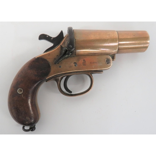 390 - WW1 Webley & Scott Flare Pistol
1 inch bore, brass barrel.  Brass body with maker's details 