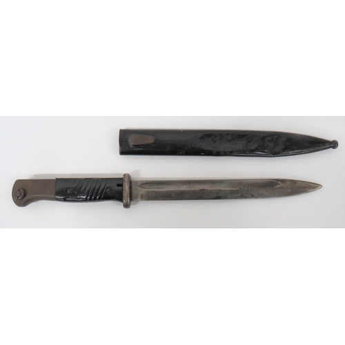 WW2 German K98 Bayonet
9 1/2 inch, single edged blade with wide fuller.  Forte with maker "42 CQN".  Steel crossguard and pommel.  Black composite ribbed slab grips.  Contained in its blackened steel scabbard.  Some dents.  Mismatched numbers.  
