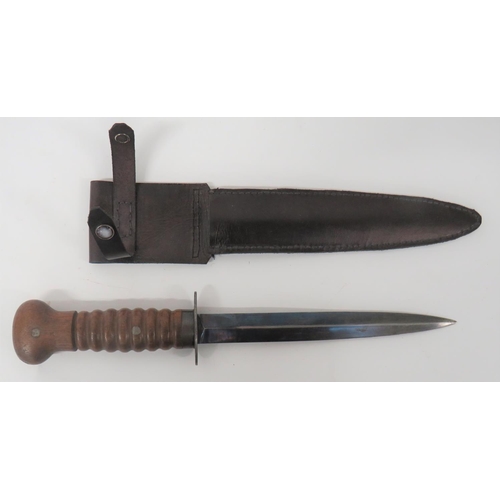 WW1 Dutch Trench Combat Knife
8 inch, double edged, blued blade.  Forte with small Ordnance stamp.  Blued steel, oval crossguard stamped "998D".  Steel ferrule.  Ribbed wooden grip with oval ball pommel.  Pommel with Ordnance stamp.  Now contained in later leather example.  Clean condition.