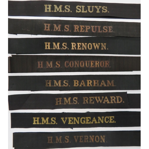 62 - 15 WW1/WW2 Pattern Royal Navy Cap Tallies
including HMS REWARD ... HMS GRENVILLE ... HMS CARYSFORT .... 