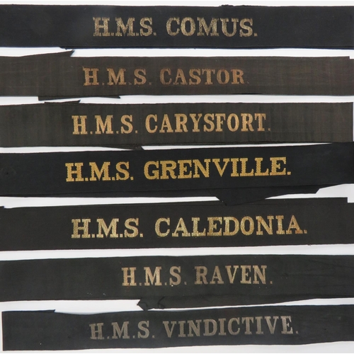 62 - 15 WW1/WW2 Pattern Royal Navy Cap Tallies
including HMS REWARD ... HMS GRENVILLE ... HMS CARYSFORT .... 