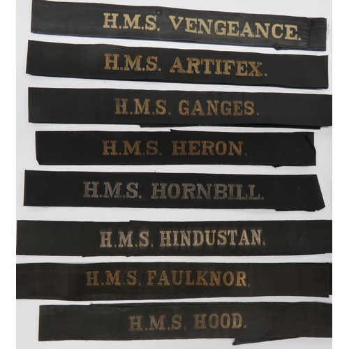 63 - 15 WW1/WW2 Pattern Royal Navy Cap Tallies
including HMS HOOD ... HMS VERNON ... HMS FIJI ... HMS FAU... 