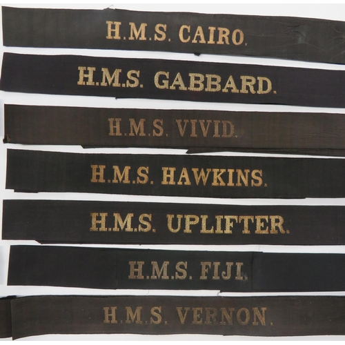 63 - 15 WW1/WW2 Pattern Royal Navy Cap Tallies
including HMS HOOD ... HMS VERNON ... HMS FIJI ... HMS FAU... 