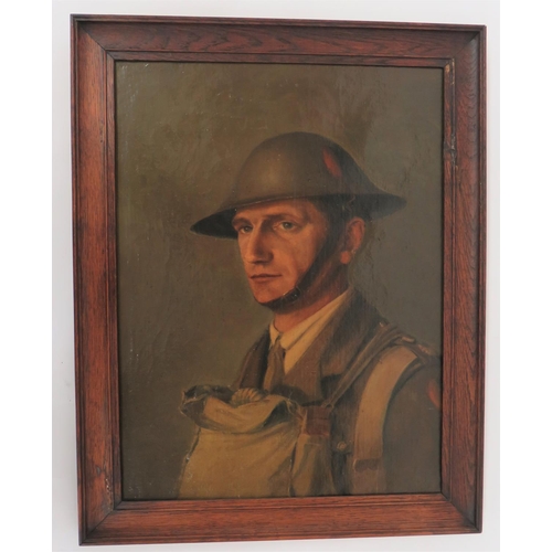 Oil On Canvas Of A WW1 Royal Artillery Officer
20 x 15 inch, head and shoulders study of an Officer wearing his respirator and Brodie helmet with side painted RA slash.  Contained in its oak frame.