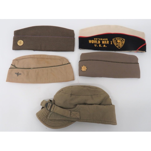 222 - Five Various American Hats
consisting light tan garrison cap with brown and yellow piping.  Silvered... 