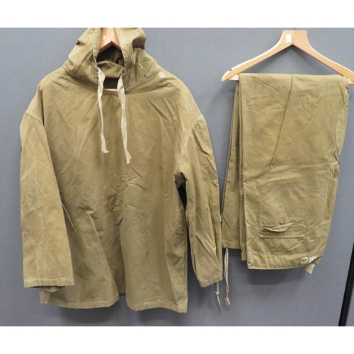 282 - Scarce WW2 Tan Windproof Smock And Trousers
khaki cotton, pull over smock with hood.  No pocket... 